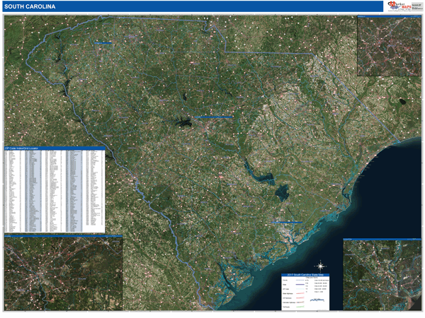 South Carolina Wall Map Satellite Zip Style By Marketmaps Mapsales 7972