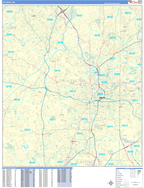 Atlanta City Wall Map Basic Style
