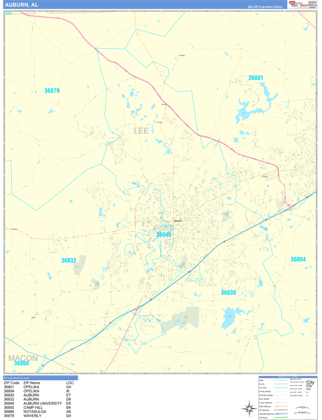 Auburn City Wall Map Basic Style
