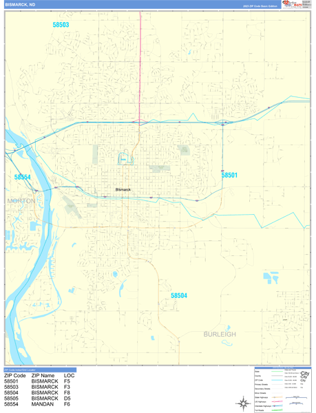 Bismarck City Wall Map Basic Style