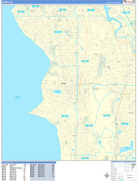 Burien City Wall Map Basic Style