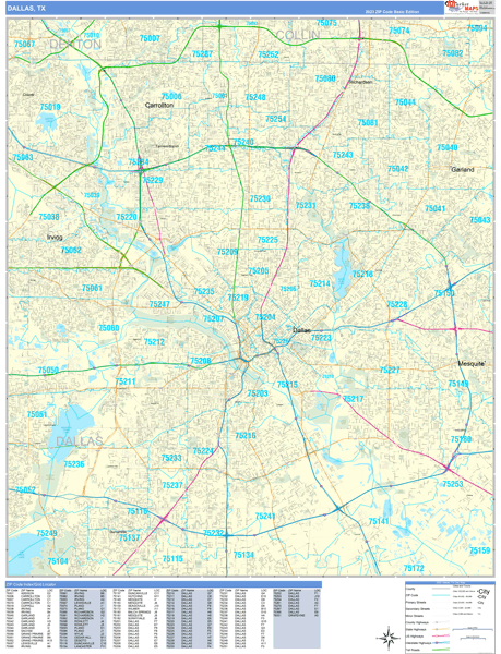 Dallas City Wall Map Basic Style