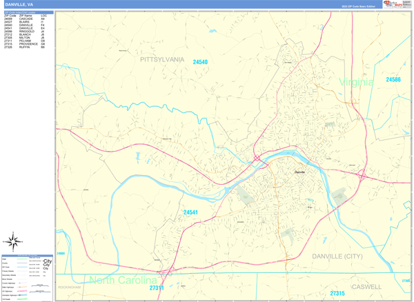 Danville Virginia Zip Code Wall Map (Basic Style) by MarketMAPS - MapSales