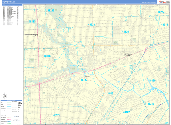 Dearborn City Wall Map Basic Style