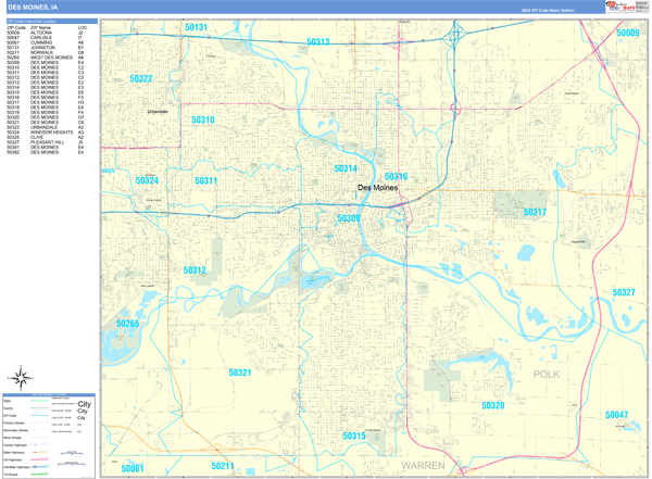 Des Moines Iowa Wall Map (Basic Style) by MarketMAPS - MapSales