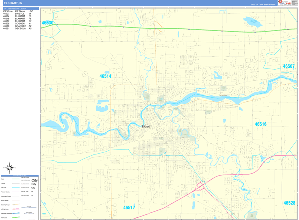Elkhart City Wall Map Basic Style