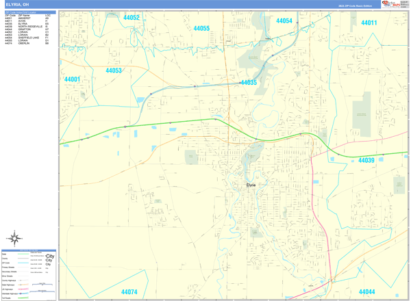 Elyria City Wall Map Basic Style