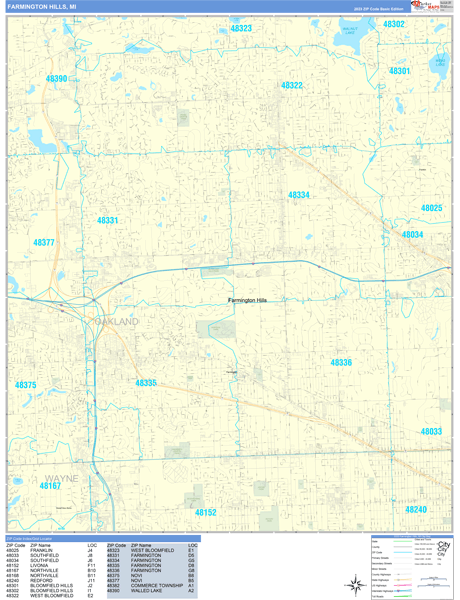 Farmington Hills, MI Wall Map Basic Style