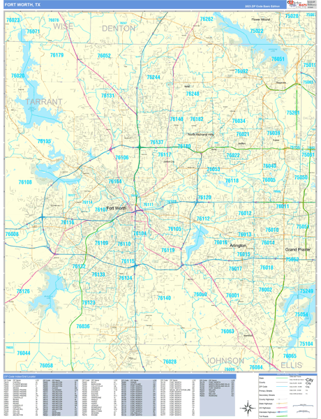 Fort Worth Texas Zip Code Wall Map (Basic Style) by MarketMAPS - MapSales