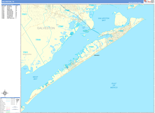 Galveston City Wall Map Basic Style