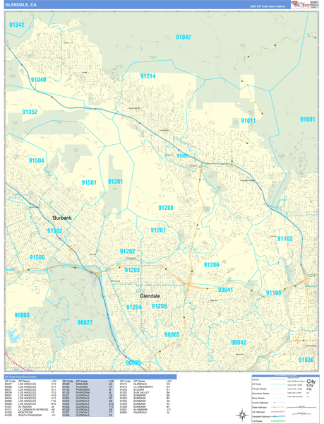 Glendale City Wall Map Basic Style