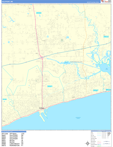 Gulfport City Wall Map Basic Style