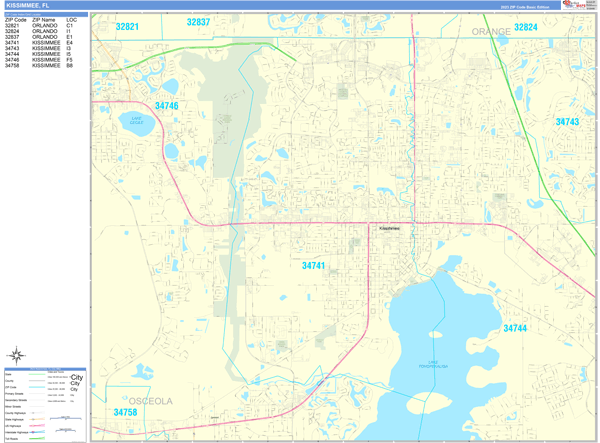 Kissimmee City Wall Map Basic Style