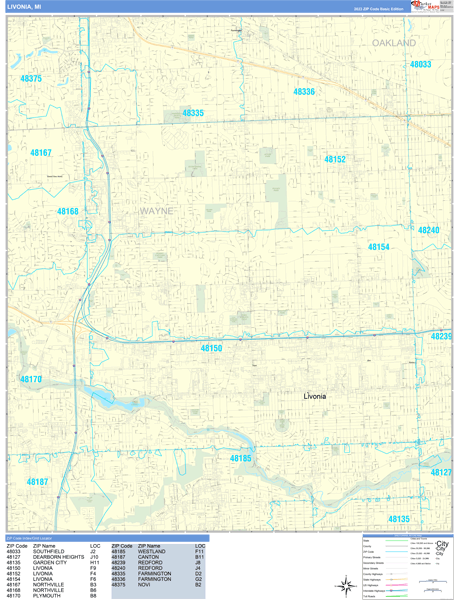 Livonia City Wall Map Basic Style