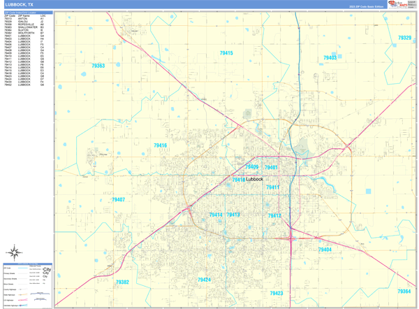 Lubbock City Wall Map Basic Style