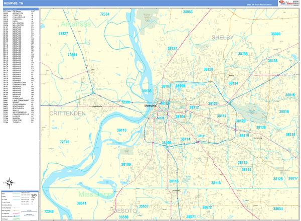 memphis-tennessee-zip-code-wall-map-basic-style-by-marketmaps-mapsales