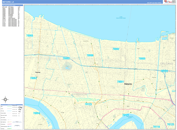 Metairie City Wall Map Basic Style