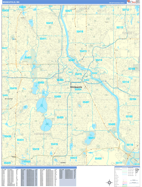 Minneapolis City Wall Map Basic Style