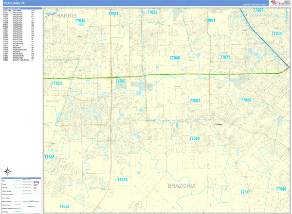 Pearland City Wall Map Basic Style