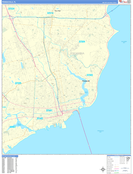 Pensacola City Wall Map Basic Style