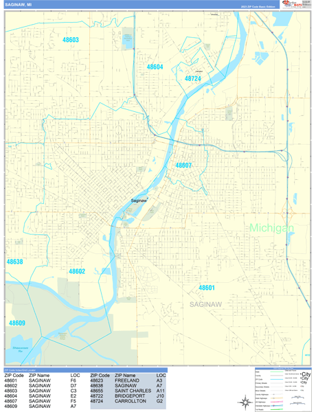 Saginaw City Wall Map Basic Style