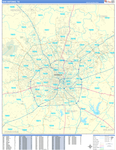 San Antonio Texas Zip Code Wall Map (Basic Style) by MarketMAPS - MapSales