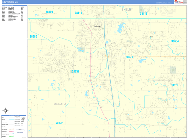 Southaven City Wall Map Basic Style