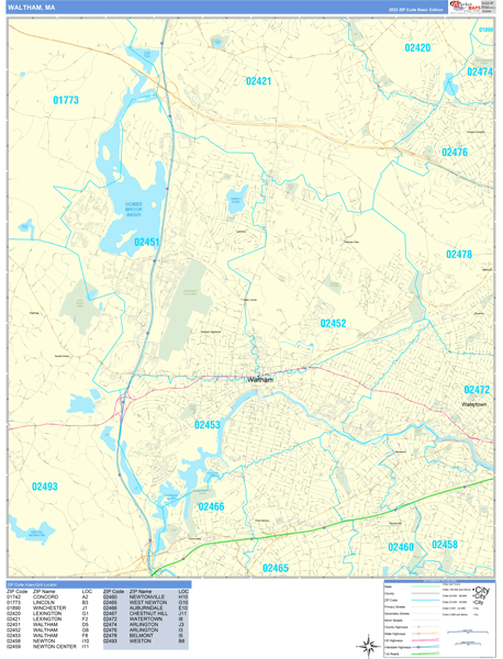 Waltham, MA Zip Code Map