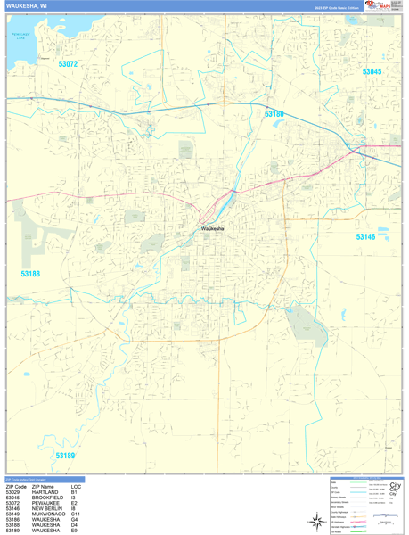 Waukesha City Wall Map Basic Style
