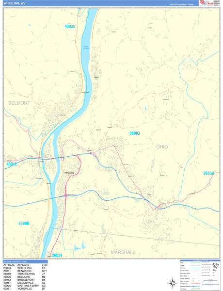 Wheeling City Wall Map Basic Style