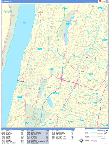 Yonkers City Wall Map Basic Style