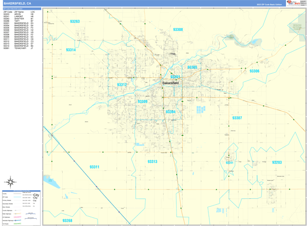 Bakersfield Zip Code Wall Map