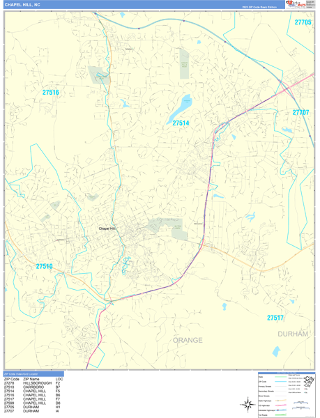 Chapel Hill North Carolina Zip Code Wall Map (Basic Style) by ...