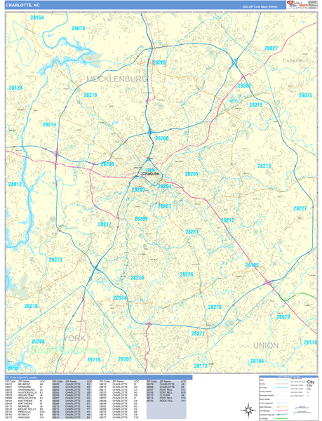 Charlotte North Carolina Zip Code Wall Map (Basic Style) by MarketMAPS