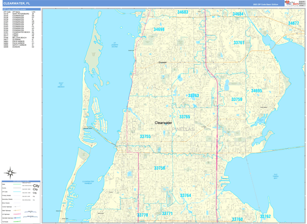 Clearwater Florida Zip Code Wall Map (Basic Style) by MarketMAPS