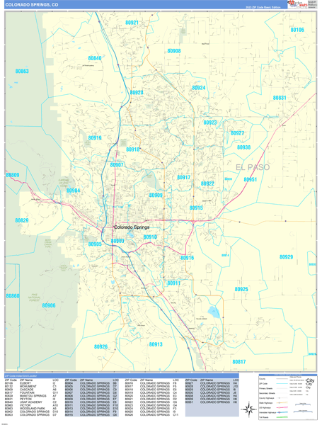 Colorado Springs Colorado Zip Code Wall Map (Basic Style) by MarketMAPS