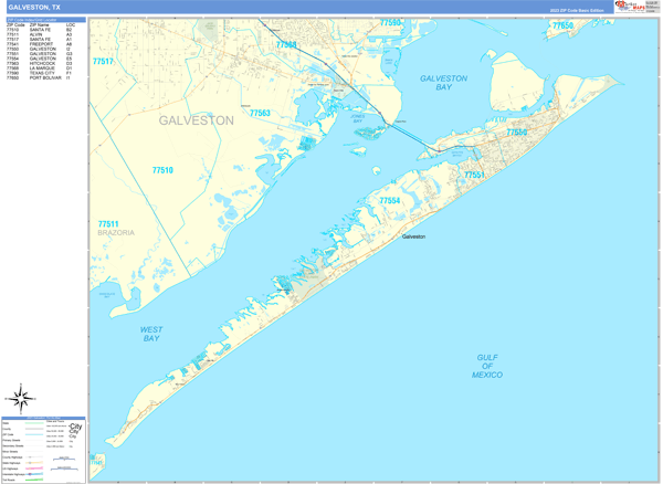 Galveston Texas Zip Code Wall Map Basic Style By MarketMAPS MapSales