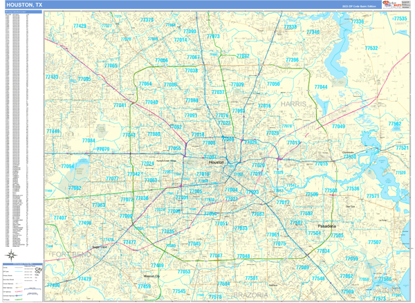 Houston Texas Zip Code Wall Map (Basic Style) by MarketMAPS