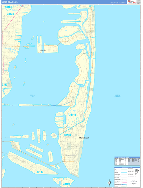 miami beach florida zip code wall map (basic style)