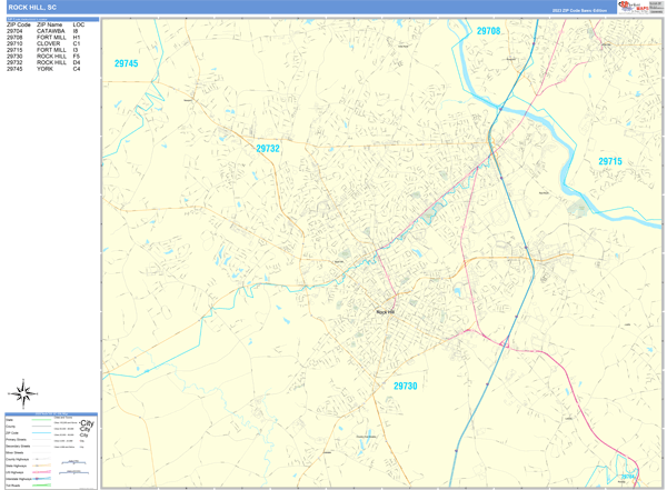 Rock Hill South Carolina Zip Code Wall Map (Basic Style) by MarketMAPS ...