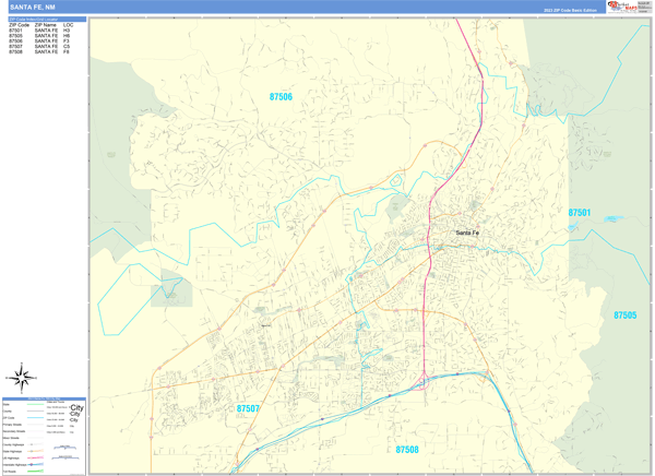 Santa Fe New Mexico Zip Code Wall Map (Basic Style) by MarketMAPS 