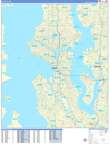 Seattle Washington Zip Code Wall Map (Basic Style) by MarketMAPS