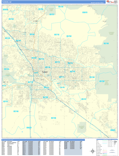 Tucson Zip Code Wall Map