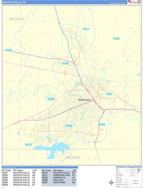 Wichita Falls Texas Zip Code Wall Map (Basic Style) by MarketMAPS ...