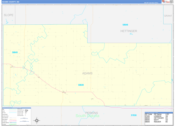 Adams County, ND Zip Code Wall Map
