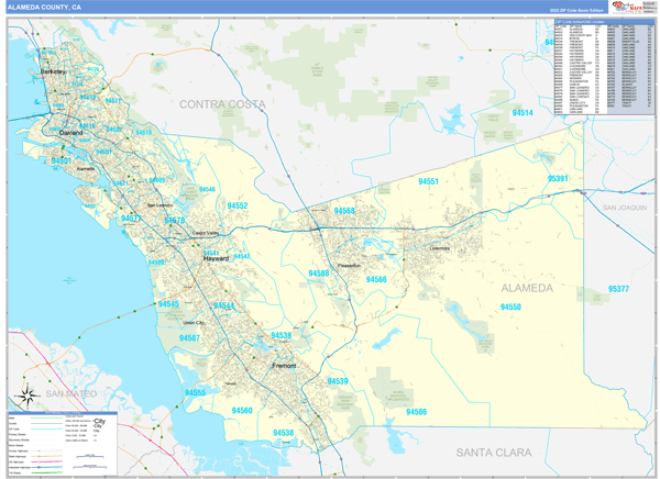 Alameda County, CA Zip Code Wall Map Basic Style by MarketMAPS