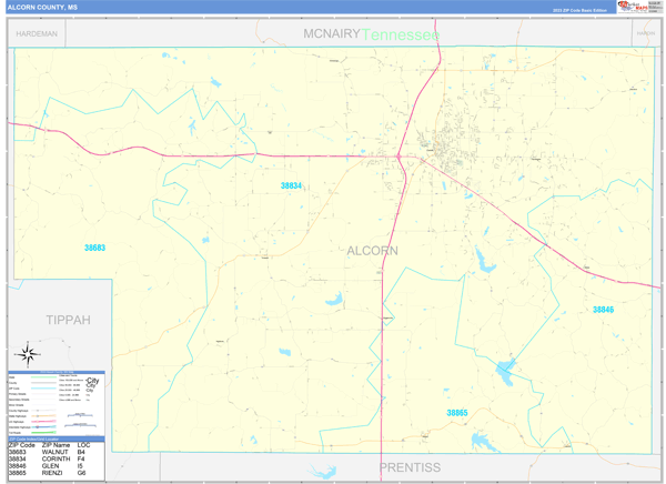 Alcorn County, MS Zip Code Wall Map
