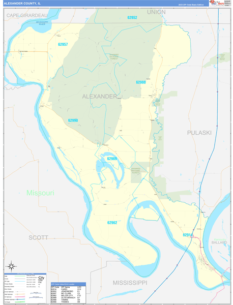 Alexander County, IL Zip Code Wall Map