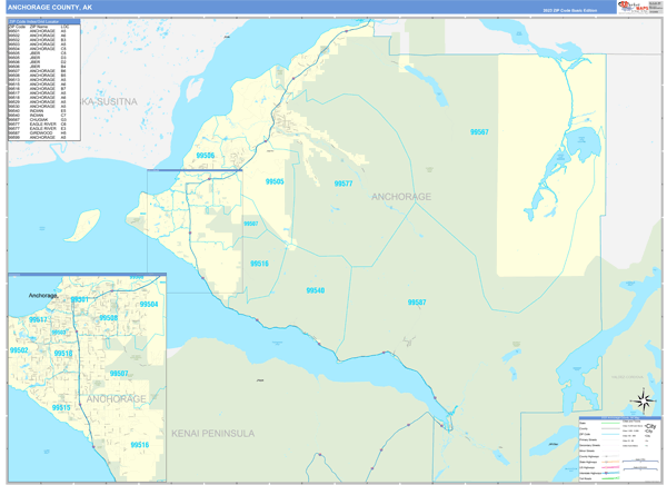 Anchorage Borough (County), AK Zip Code Wall Map
