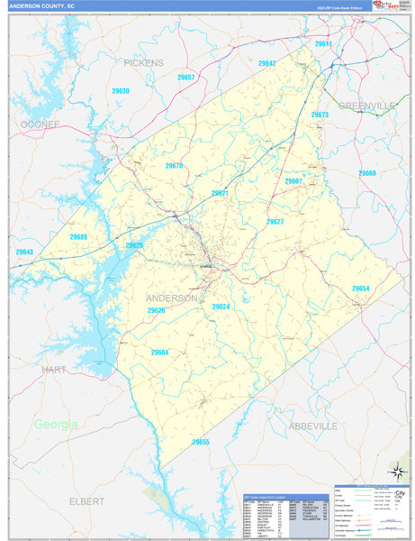 Anderson County, SC Zip Code Wall Map